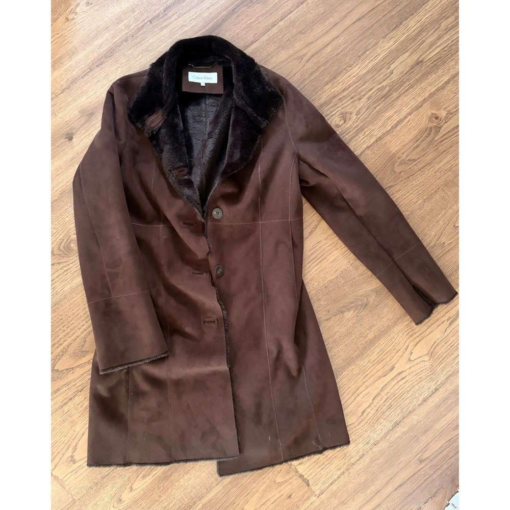 Vintage Calvin Klein Womens Faux Suede Fur Trim Trench Coat Brown Small